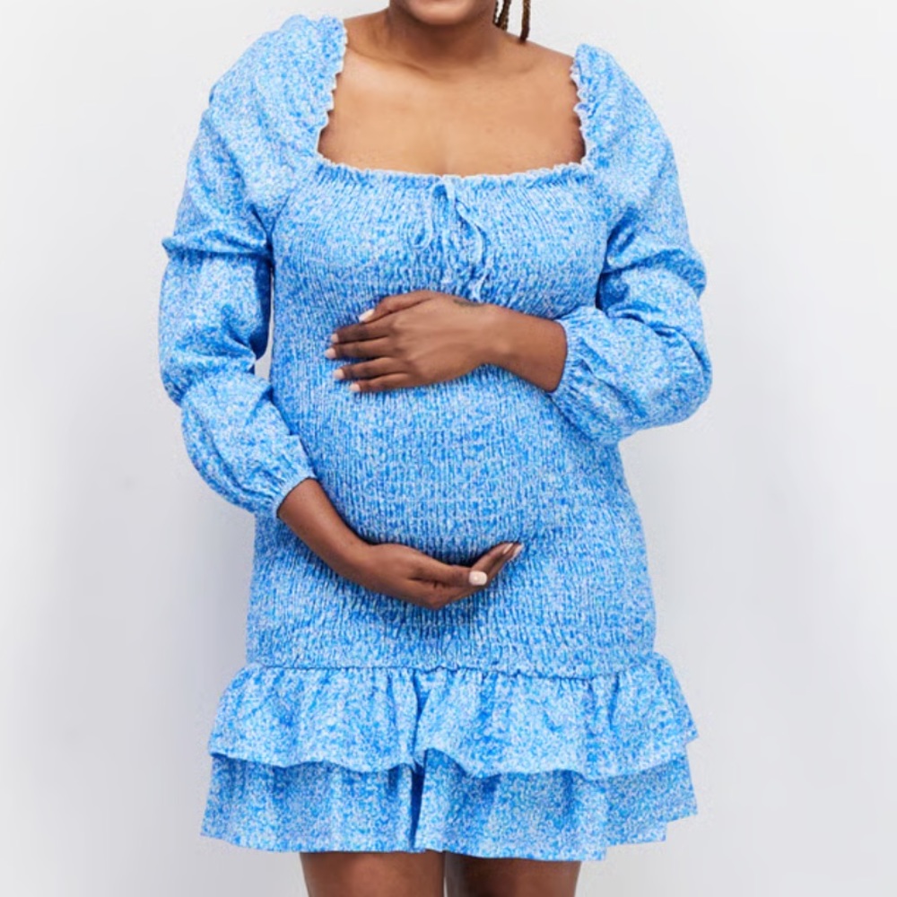 Asos Design Maternity Floral Print Casual Mini Dress Blue White Combo Size 14